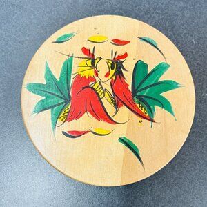 Vintage MCM Rooster Hand Painted Wood Wooden Hamburger Press Wall Plaque